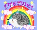 A cute cartoon hedgehog with a unicorn horn on a rainbow. Concept everyone can be unicorn