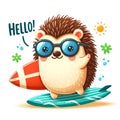 Cute cartoon hedgehog wearing glasses and carrying a surfboard, isolated on a white background 4