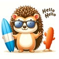 Cute cartoon hedgehog wearing glasses and carrying a surfboard, isolated on a white background 5