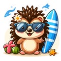 Cute cartoon hedgehog wearing glasses and carrying a surfboard, isolated on a white background 1