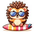 Cute cartoon hedgehog wearing glasses and carrying a surfboard, isolated on a white background 2