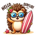 Cute cartoon hedgehog wearing glasses and carrying a surfboard, isolated on a white background 3