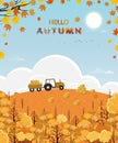 Cute cartoon Hello Autumn forest with bright light on sunny day, Mid autumn Harvest landscape farm field, tractor, haystack, hill