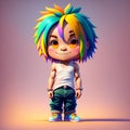 A cute cartoon hippie boy with strappy shirt with colorful hair - Generated by Generative AI Royalty Free Stock Photo