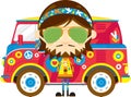 Cute Cartoon Hippie and Van Royalty Free Stock Photo