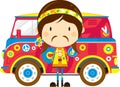 Cute Cartoon Hippie and Van Royalty Free Stock Photo