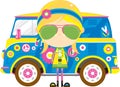 Cute Cartoon Hippie and Van Royalty Free Stock Photo