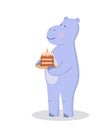 Cute cartoon hippo character with a cake in his hands. Vector illustration isolated on white. Concept birthday party, a holiday Royalty Free Stock Photo