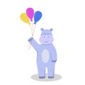 Cute cartoon hippo character with colorful balloons in his hands. Vector illustration isolated on white. Concept birthday party, a Royalty Free Stock Photo