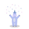 Cute cartoon hippo character in a festive hat and confetti. Vector illustration isolated on white. Concept birthday party, a Royalty Free Stock Photo