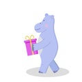 Cute cartoon hippo character with gift box in his hands. Vector illustration isolated on white. Concept birthday party, a holiday Royalty Free Stock Photo