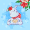 Cute cartoon hippo, Christmas card in the style of hand drawing. Vector illustration