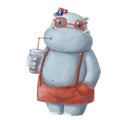 Cute cartoon hippo with cocktail, watercolor style illustration, summer clipart with funny character