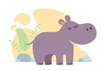 Cute cartoon hippo. Drawing african baby wild animal smiling hippopotamus. Kind smiling jungle safari animal. Vector