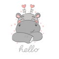 Cute cartoon hippo with hello words. Great kids print for clothes or room, for cover and poster, collage. Vector.