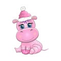 Cute cartoon hippo in Santa hat with gift, Christmas ball and candy cane. New Year and Christmas