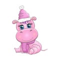 Cute cartoon hippo in Santa hat with gift, Christmas ball and candy cane. New Year and Christmas