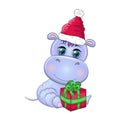 Cute cartoon hippo in Santa hat with gift, Christmas ball and candy cane. New Year and Christmas