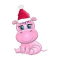 Cute cartoon hippo in Santa hat with gift, Christmas ball and candy cane. New Year and Christmas