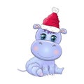 Cute cartoon hippo in Santa hat with gift, Christmas ball and candy cane. New Year and Christmas