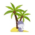 Cute cartoon hippo sitting on the beach under a palm tree. Vector illustration for design and print