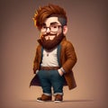 A cute cartoon hipster boy with beard and glasses - Generated by Generative AI