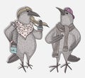 Cute cartoon hipster crows