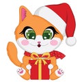 Cute cartoon holiday illustration of ginger baby cat with Christmas gift box