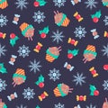 Cute cartoon holidays winter seamless vector pattern illustration with with snowflakes, candies, muffins and mistletoe.