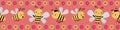 Cute cartoon honey bees and flowers border design on coral and yellow honeycomb background. Seamless vector pattern Royalty Free Stock Photo