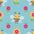 Cute cartoon honey bees and flowers on floral textured sky blue background. Seamless vector pattern. Great for kids,baby