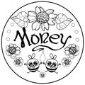 Cute cartoon honey bees and flowr - honey label design. Concept for organic honey products, package design.
