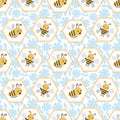 Cute cartoon honey bees in honeycomb cells. Seamless geometric vector pattern on blue and white floral background. Great Royalty Free Stock Photo