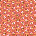 Cute cartoon honey bees in honeycomb cells. Seamless geometric vector pattern on coral pink background. Great for Royalty Free Stock Photo