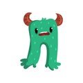 Cute cartoon horned green monster character with funny face vector Illustration on a white background