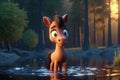 Cute Cartoon Horse With Very Big Eyes And Pitying Gaze A Forest With A Glowing Lake. Generative AI