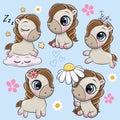 Cute Cartoon Horses isolated on a blue background Royalty Free Stock Photo