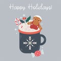 Cute cartoon hot chocolate or coffee in cup with snowflake ornament with marshmallow and gingerbread man