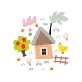 Cute cartoon house with tree, cloud, bird, decor elements. Vector colorful illustration for kids, flat style. hand drawing.