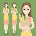 Cute cartoon housewife with a bag of food