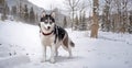 cute cartoon husky standing in the snow against the backdrop of a beautiful landscape. Anime style illustration