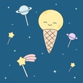 Cute cartoon ice cream moon and lollipop stars and planets illustration