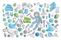 Cute cartoon icons on science, school, study theme. Physics, chemistry, astronomy and other sciences - vector