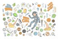 Cute cartoon icons on science, school, study theme. Physics, chemistry, astronomy and other sciences - vector