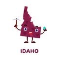 Cute cartoon Idaho state character clipart. Illustrated map of state of Idaho of USA with state name. Funny character design for