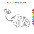 Cute cartoon iguana eats butterfly coloring book for kids. black and white vector illustration for coloring book. iguana eats Royalty Free Stock Photo