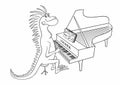 Cute cartoon Iguana plays the grand piano. Vector outline image of a cartoon Iguana, isolated on white. Iguana musician for