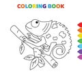 Cute cartoon iguana on tree coloring book for kids. black and white vector illustration for coloring book. iguana on tree concept Royalty Free Stock Photo