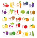 Cute cartoon illustrated alphabet with fruits and vegetables. English alphabet.