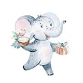 Cute cartoon illustration baby elephant . Floral frame. Baby shower birthday party invitation. Nursery design